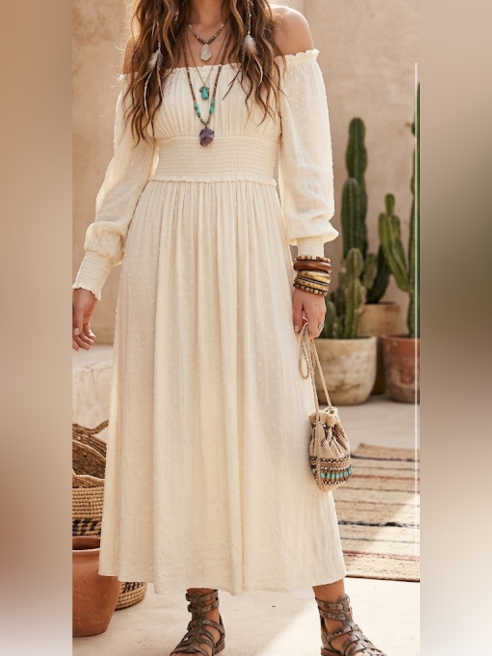 R.Vivimos White Puff Long Sleeve Swiss Dot Maxi Dress Size M 8/10
